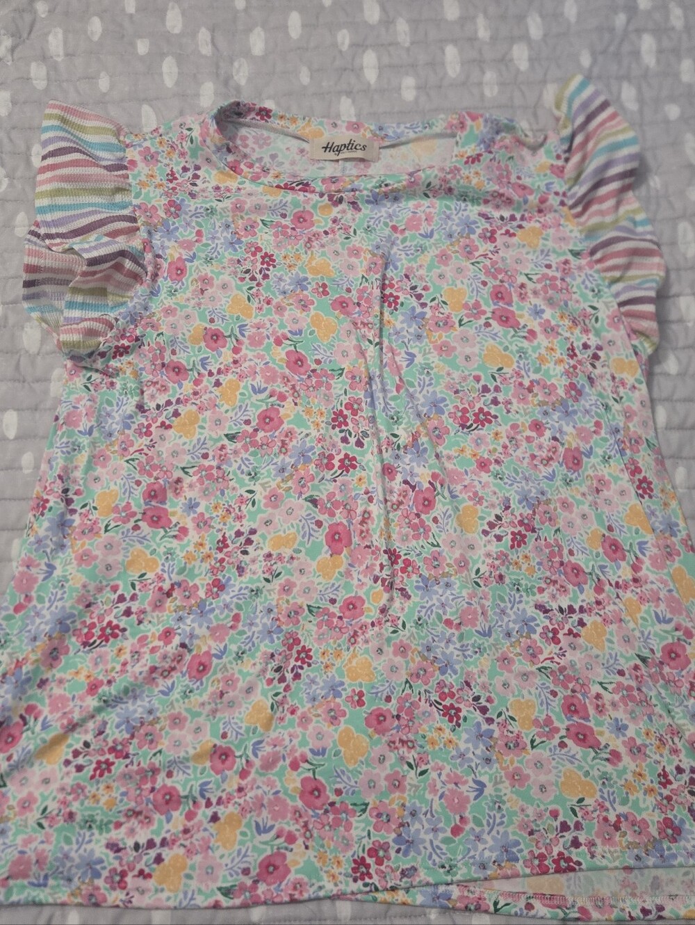 Haptics Pastel Floral Short Sleeve Tee with Striped Ruffles